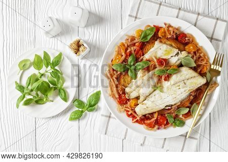 Acqua Pazza, Italian Poached Fish In A Tomato And White Wine Based Sauce With Fennel, Herbs And Cris