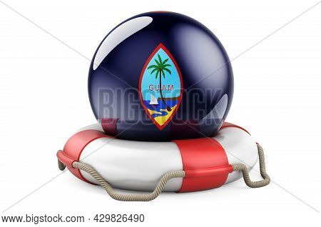 Lifebelt With Guamanian Flag. Safe, Help And Protect Of Guam Concept. 3d Rendering Isolated On White