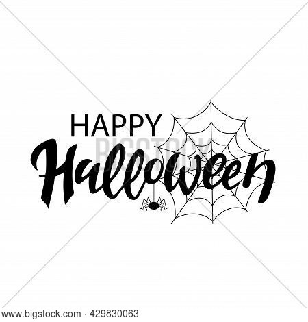 Happy Halloween, Black Letters With A Spider And A Web On The White Background.  Vector Illustration