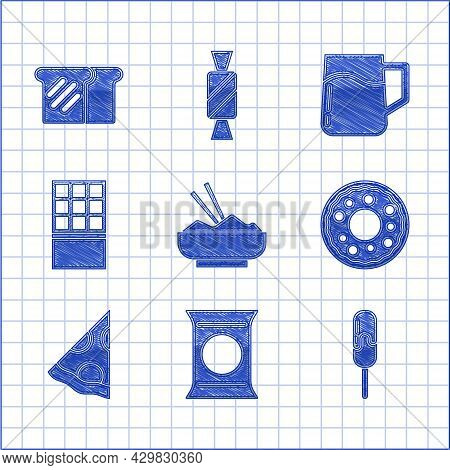 Set Rice In A Bowl With Chopstick, Bag Or Packet Potato Chips, Ice Cream, Donut, Slice Of Pizza, Cho