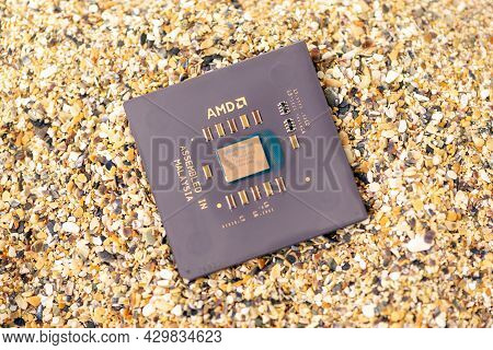 Timisoara, Romania - October 18, 2020: Close-up Of An Amd Duron D750aut1b Processor, 750 Mhz, Socket