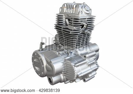 Motorcycle Engine Isolated On White Background. Air Cooled Internal Combustion Engine For Motorcycle