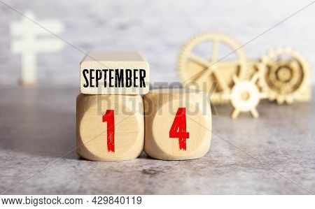 September 14St. Day 14 Of Month, Daily Calendar On White Table With Reflection, With Light Blue Back