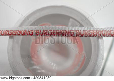 Sisli, Istanbul, Turkey - 07.13.2021: Horizontally Positioned Red Burger King Drinking Straw Pipet O