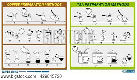 Set Of Brewing Tea And Coffee Instruction Flat Style Or Tea And Coffee Preparing Hot Beverage Or Mak