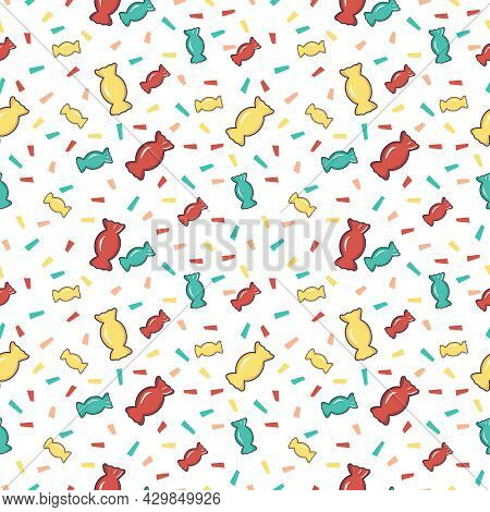 Bright Seamless Pattern With Sweets And Confetti Pieces Of Paper. Festive Print For Holiday, Birthda