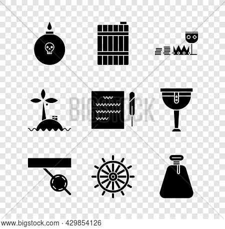 Set Bomb Ready To Explode, Wooden Barrel, Treasure And Riches, Pirate Eye Patch, Ship Steering Wheel