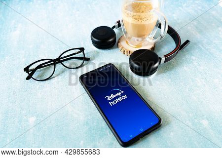 Mobile Phone Smartphone With Popular Ott Streaming App Hotstar Disney Plus In India. Flatlay Shot Wi