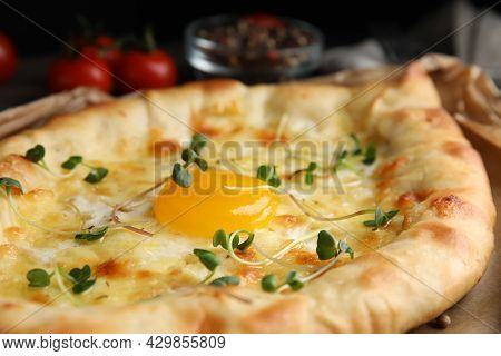 Fresh Delicious Adjarian Khachapuri With Microgreens, Closeup