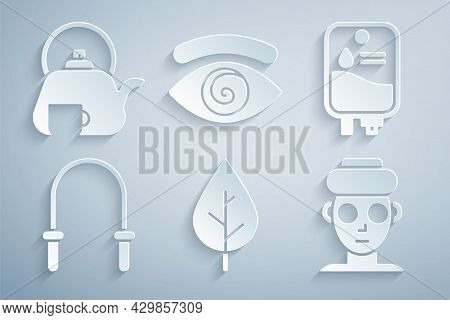 Set Leaf, Iv Bag, Jump Rope, Facial Cosmetic Mask, Hypnosis And Teapot With Cup Icon. Vector