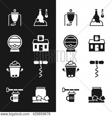 Set Store Building Of Beer Shop, Wooden Barrel On Rack, Beer Brewing Process, Cold Bottle, Ice Bucke