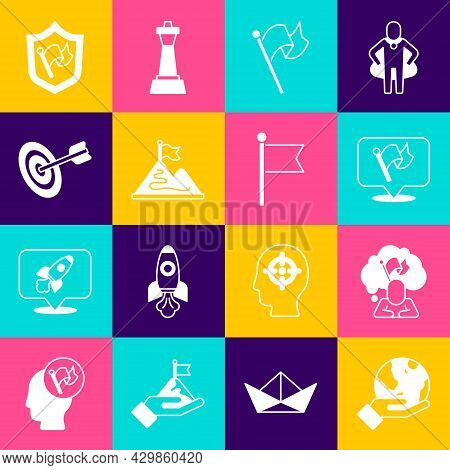 Set Hand Holding Earth Globe, Man Flag, Flag, Mountains With, Target, Shield And Icon. Vector