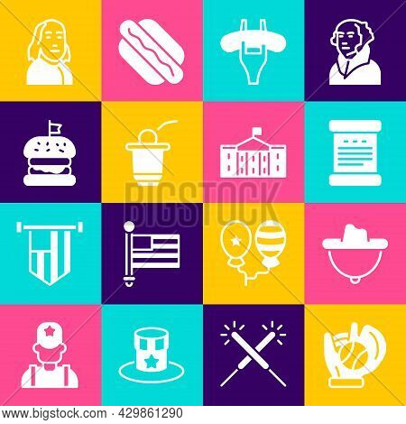 Set Baseball Glove With Ball, Western Cowboy Hat, Declaration Of Independence, Sausage The Fork, Bee