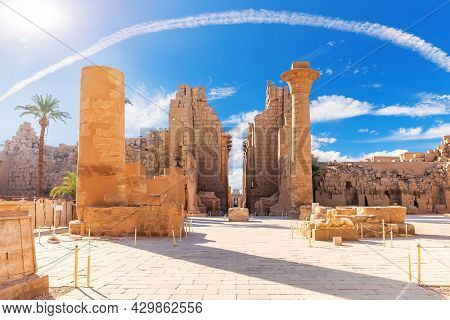 The Great Hypostyle Hall Of The Karnak Temple, Famous Ancient Place Of Visit Of Luxor, Egypt.