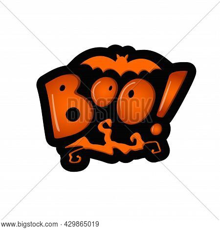 Boo!, Orange Letters With A Twisted Tree Branch And A Bat And Shadow On The White Background. Vector