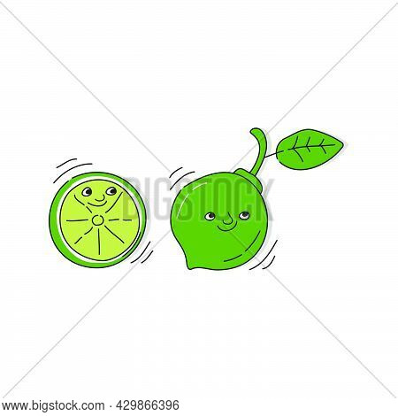 Lime Fruit With Smile On White Background. Whole Citrus Fetus And Its Half. Cartoon Sketch. Doodle S
