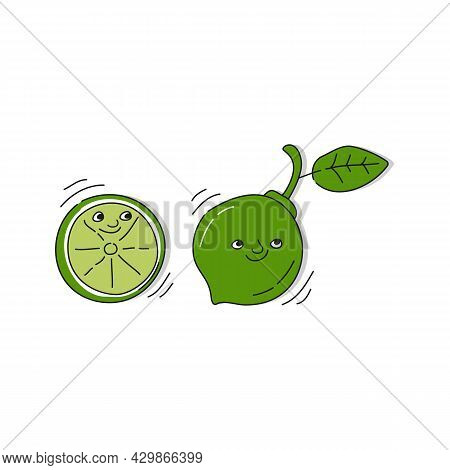Lime Fruit With Smile On White Background. Whole Citrus Fetus And Its Half. Cartoon Sketch. Doodle S
