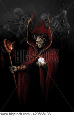 Digital Illustrated Of Fantasy Undead Necromancer Holding Crystal Ball And Wand