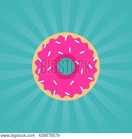Shining Pink Strawberry Donut On Blue Background With Rays. Sweet Sugar Icing Doughnuts. Tasty Glaze