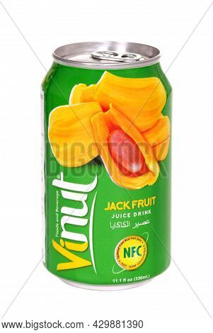 Novyy Urengoy, Russia - July 4, 2021: Aluminium Can Of The Vinut Jack Fruit Juice Drink Isolated Ove