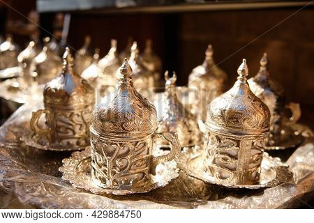 Handicraft Beaded Decorate Arabic Style Tea Cups. Silver Colored Traditional Middle-eastern Tea Set.