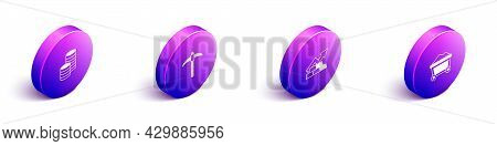 Set Isometric Gold Coin Money, Pickaxe, Growth Arrow With Gold Bars And Mine Cart Icon. Vector