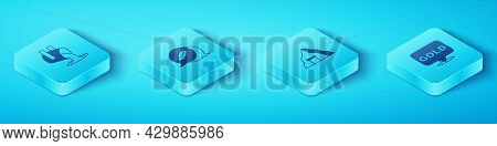 Set Isometric Molten Gold Being Poured, Gold Bars, And Mine Icon. Vector