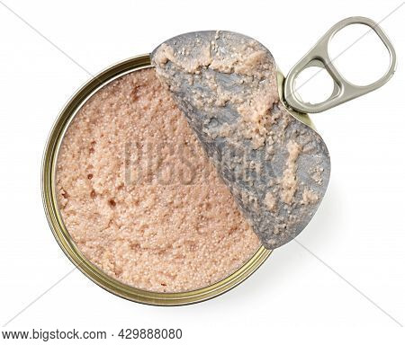 Cod Roe In A Tin Can Close-up On A White Background, Isolated. Top View