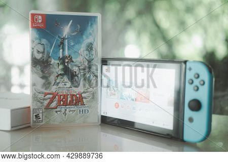 Samut Prakan, Thailand - August 15, 2021 : Nintendo Switch Gaming Console With The Legend Of Zelda: 