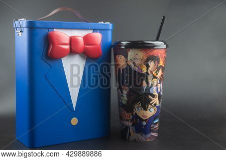 Samut Prakan, Thailand - August 15, 2021: Popcorn Bucket Set From The Movie Of Detective Conan - The