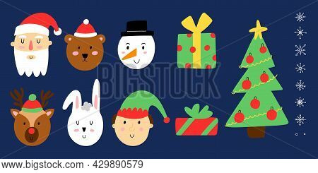 Xmas Set. Cute Christmas Portraits, Santa Claus And Snowman, Rudolph Deer And Elf, Winter Bear And R