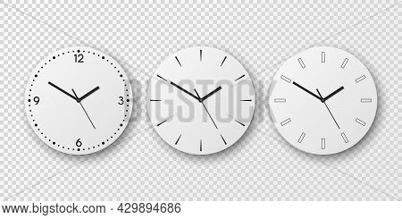 Vector 3d Realistic White Wall Office Clock Dial Icon Set Isolated. White Dial. Design Template, Moc