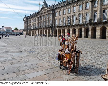 Santiago De Compostela, Spain - September 13, 2020: 
Souvenir Shop Stand With Wooden Sticks,scallop 