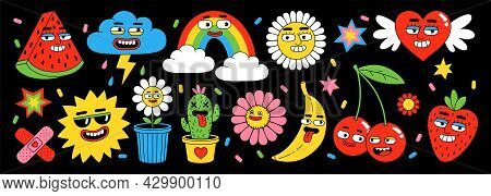 Sticker Pack Of Funny Cartoon Characters. Vector Illustration Of Heart, Fruits, Berry, Rainbow, Clou