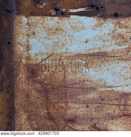 Old Light Blue Painted Grey Rusty Rustic Rust Iron Metal Frame Background Texture, Horizontal Aged D