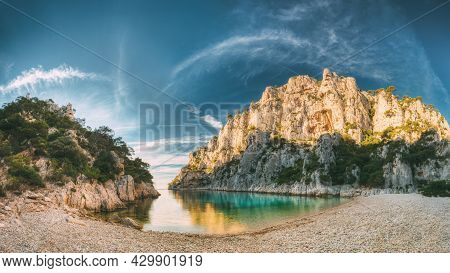 France, Cassis. Panorama Of Beautiful Nature Of Calanques On The Azure Coast Of France At Morning Su