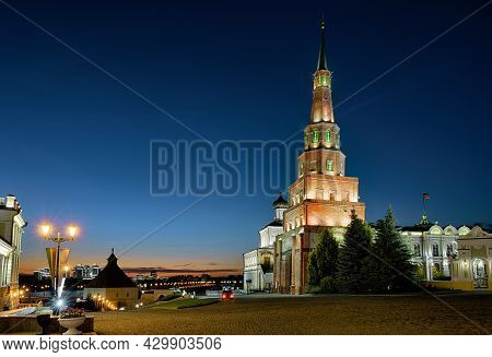 Kazan Kremlin At Night, Tatarstan, Russia. Old Leaning Suyumbike Tower Is Tourist Attraction Of Kaza