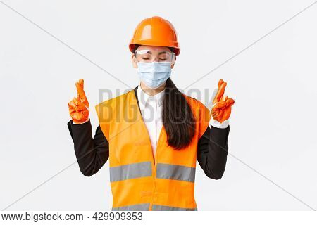 Covid-19 Safety Protocol At Enterpise, Construction And Preventing Virus Concept. Hopeful Asian Fema