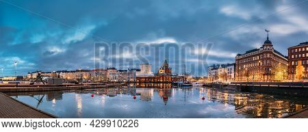 Helsinki, Finland. Panoramic View Of Pier, Embankment On Kanavaranta Street, Uspenski Cathedral And 