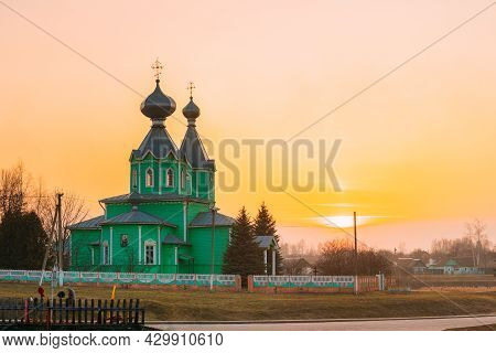Old Wooden Orthodox Church Of The Holy Trinity At Sunset Light In Village Krupets, Dobrush District,
