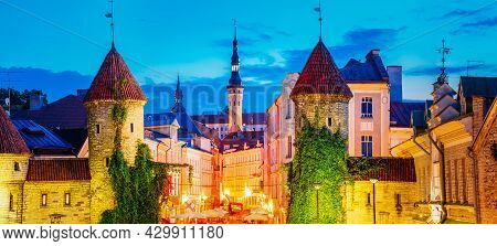Tallinn, Estonia. Night View Of Viru Gate - Part Old Town Architecture Estonian Capital. Famous Land