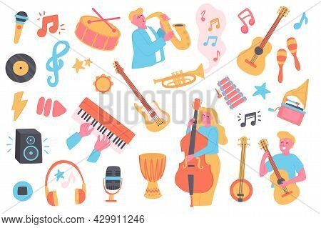 Music Festival Isolated Objects Set. Collection Of Musicians Play Saxophone, Guitar, Double Bass, Gr