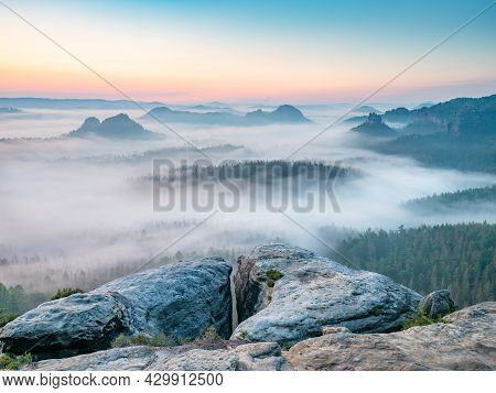 Popular Kleiner Winterberg View, Beautiful Morning View Over Sandstone Edge Into Deep Misty Valley I