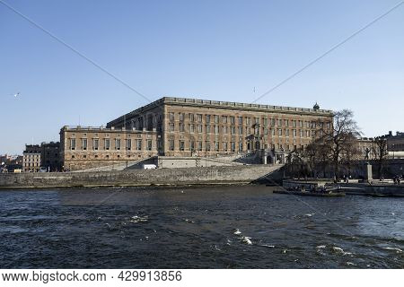 Stockholm, Sweden - April 20, 2019: Building Of Stockholm Royal Palace Complex Viewed From Stromgata