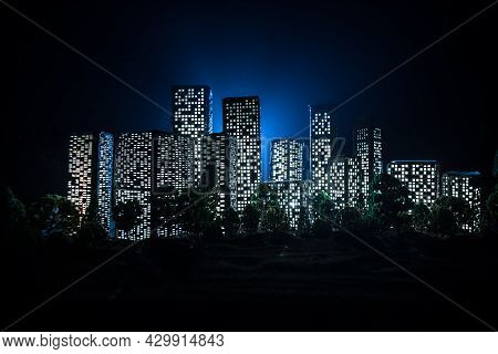 Cartoon Style City Buildings. Realistic City Building Miniatures With Lights. Background.