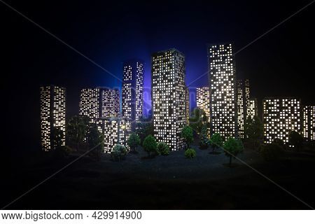 Cartoon Style City Buildings. Realistic City Building Miniatures With Lights. Background.
