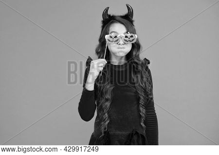 Halloween Child In Suit And Imp Hors With Pumpkin Party Glasses Makes Faces Emotionally, Halloween H