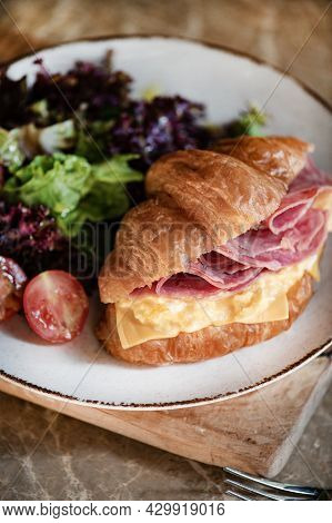 Ham, Cheddar Cheese And Scrumbled Egg Stuffed French Croissant, Close-up