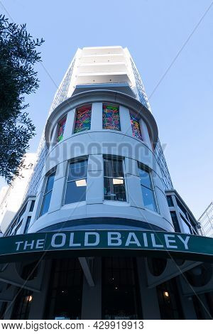 Wellington New Zealand - July 28 2021; Landmark Pub On Lambton Quay The Old Bailey With Neon Art Win