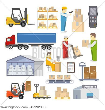 Warehouse Icons Flat Set With Shipping And Delivery Objects Isolated Vector Illustration